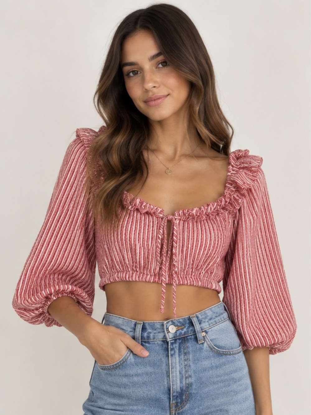 Zara Pink and White Striped Ruffle Crop Blouse